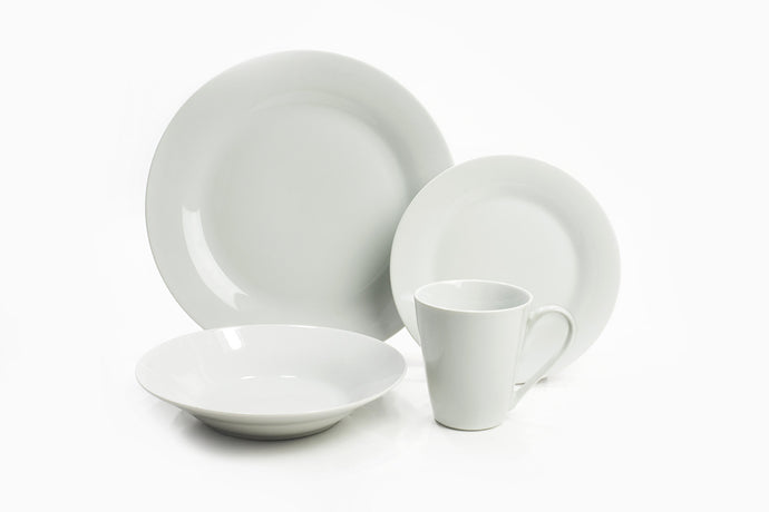 One Dinner plate, one Soup plate, one Salad plate and one Mug in color white