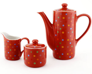 Polka Dot Red Coffee / Teapot, Creamer, Sugar Bowl Set