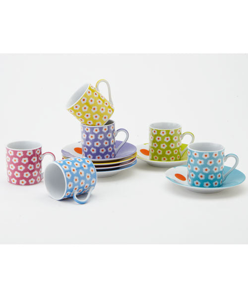 Assorted Daisy Espresso Set, set of 6 Cups & Saucers. come in lime green, yellow, purple, red, and light blue. Daisy pattern design on cups.