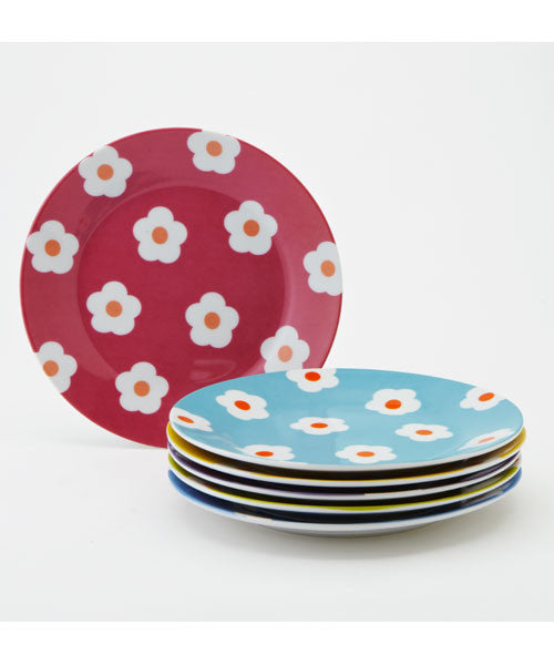 Set of 6 Dessert Plates in Daisy pattern. Colors red, blue, yellow, purple.